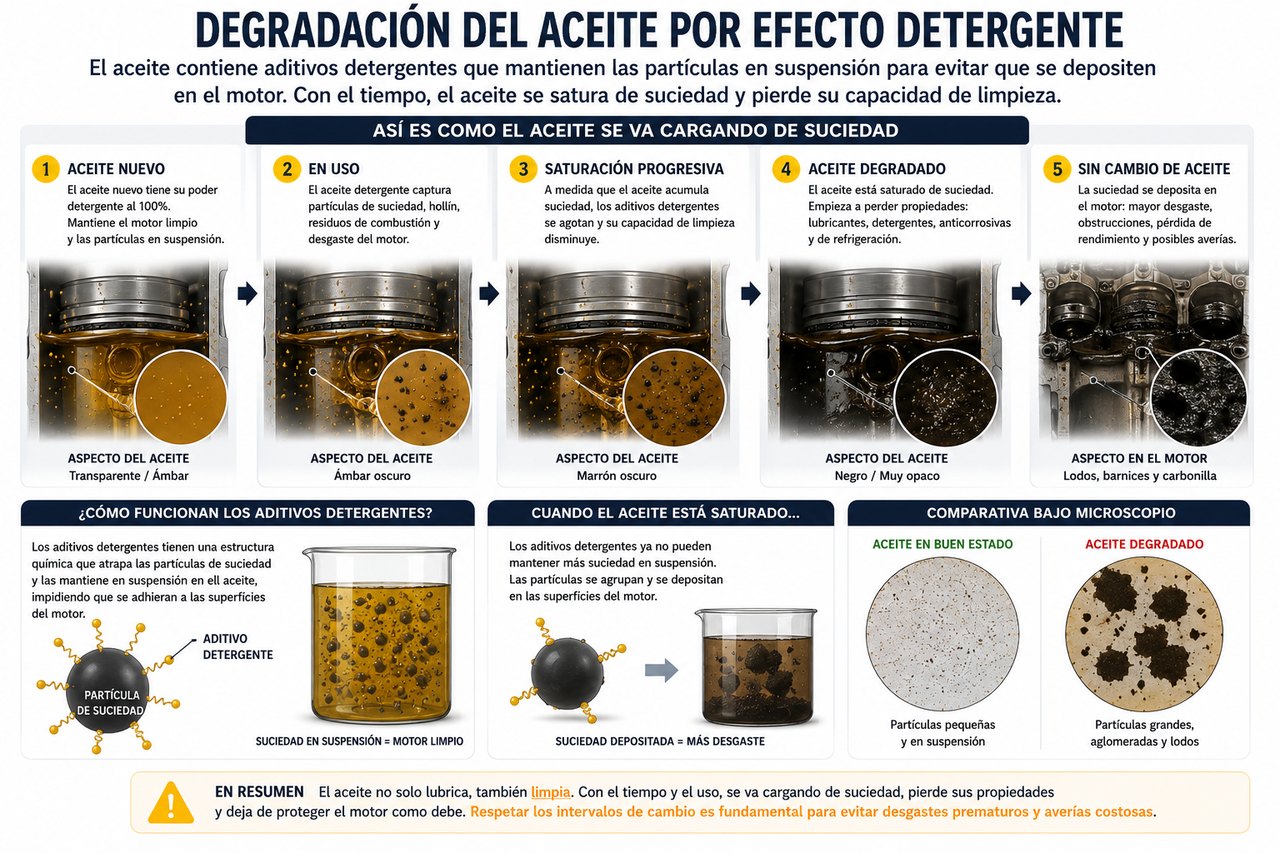 Degradación del aceite por efecto detergente y absorción de suciedad