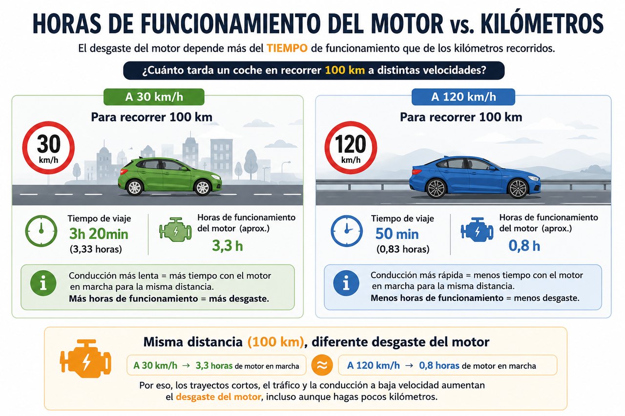 Horas de funcionamiento del motor frente a kilómetros recorridos