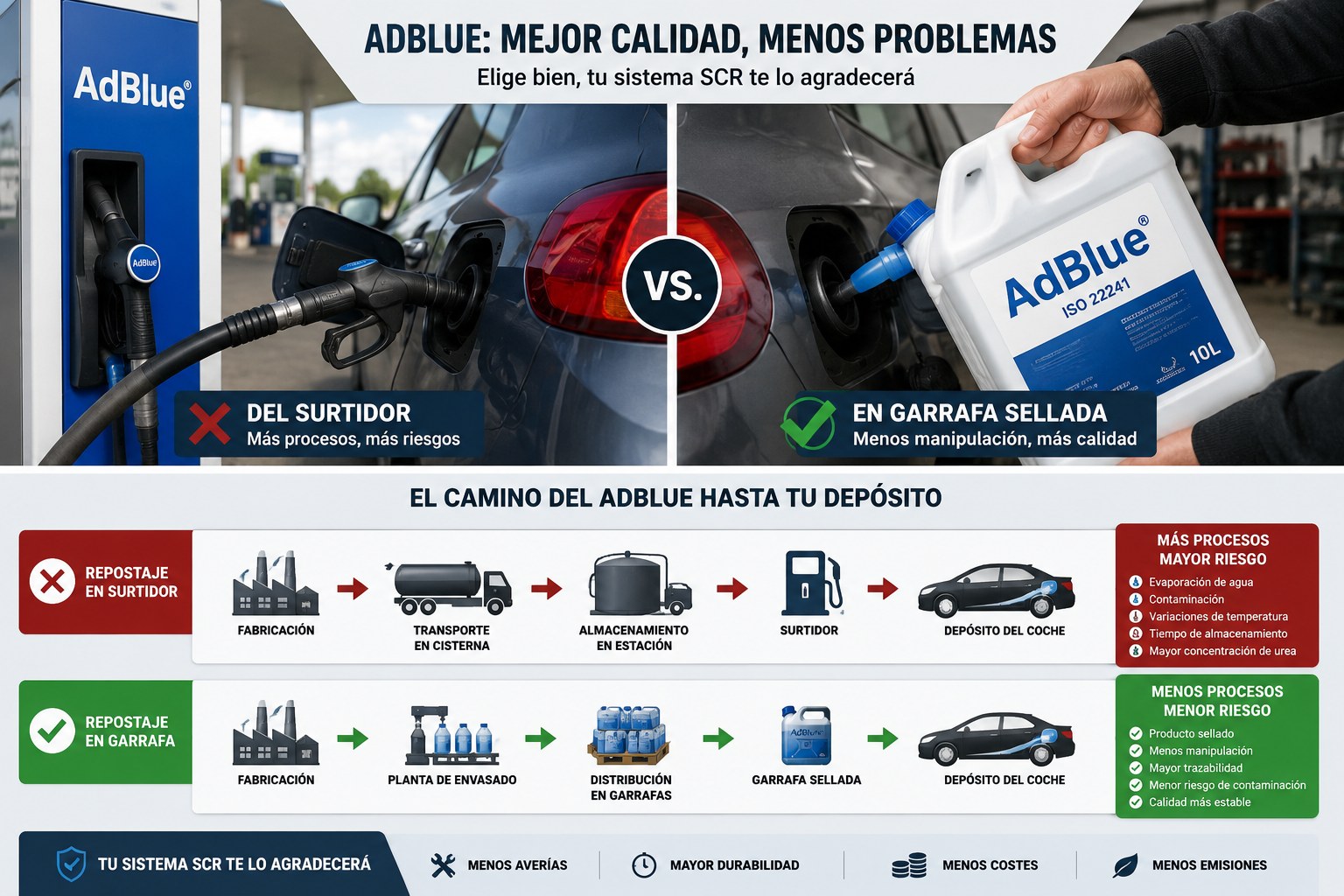 Comparación del proceso de fabricación, transporte y suministro del AdBlue desde surtidor y desde garrafa sellada